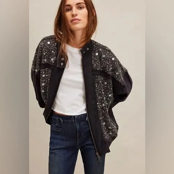 Free People Sparkle Front Zip Sweatshirt Jacket Black - Picture 3 of 9